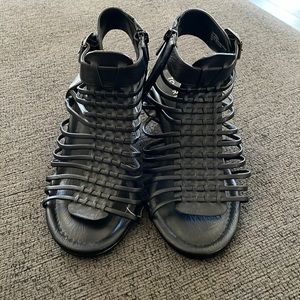 Black wedge sandals, never worn.